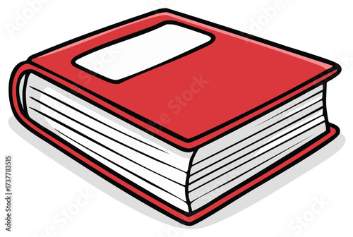 Open red hard cover book with blank white label on cover and white pages