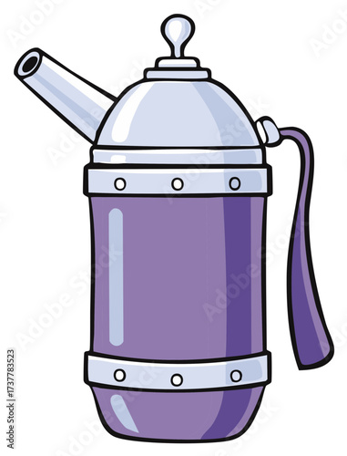Stylized cartoon illustration of a purple and silver thermos, teapot, or insulated carafe