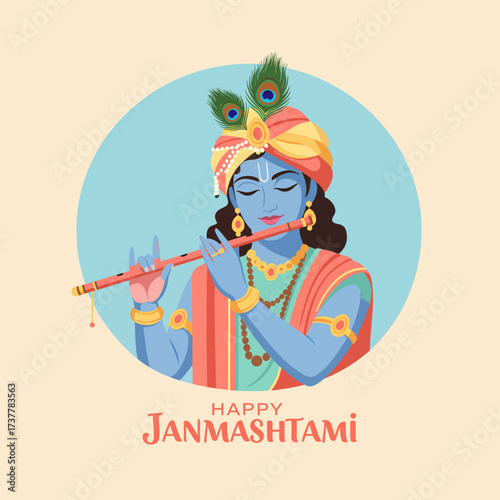 Divine Lord Krishna playing flute for Happy Janmashtami festival celebration.