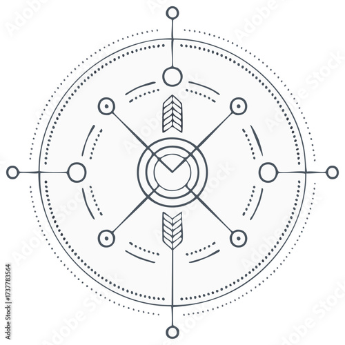 Hand drawn mystical compass rose. Sacred geometry alchemy symbol with arrows and circles.