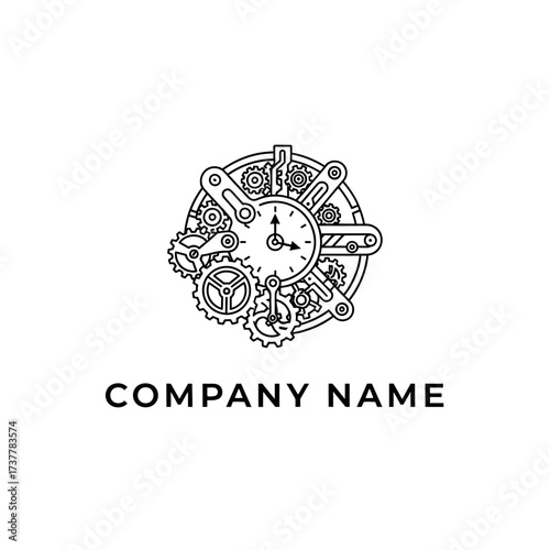 Intricate Clockwork Mechanism Logo Design with Gears and Time Display.
