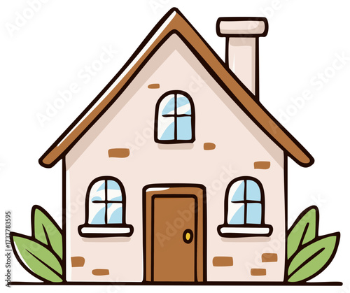 Charming Cartoon House with Chimney, Windows and Simple Greenery Illustration