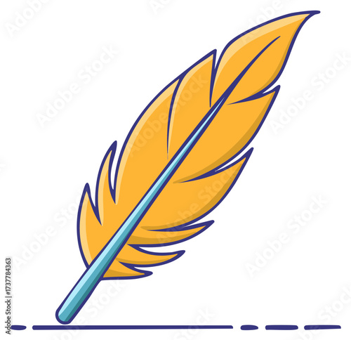 Stylized yellow feather quill pen drawing a line. Modern vector icon for writing and literature.