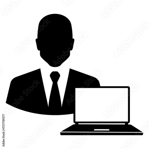 Logo trabajo online. Icono con silueta de hombre de negocios con traje y corbata con ordenador portatil
