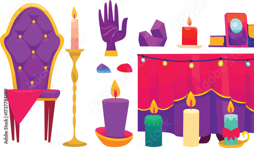 Mystical fortune-telling vector illustration with candles, tarot cards, gemstones, ornate chair, and magical table setup for spiritual or fantasy content
