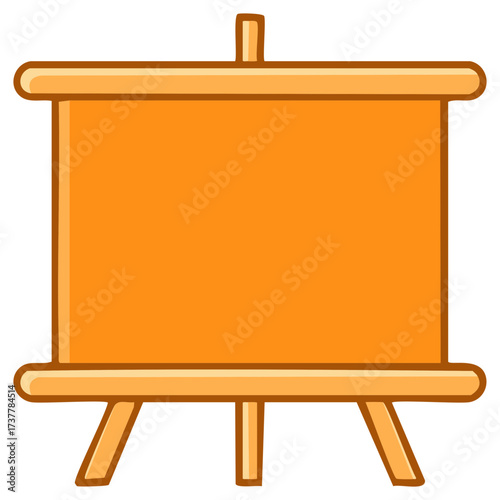Blank orange cartoon board on wooden easel illustration ready for custom text and art design