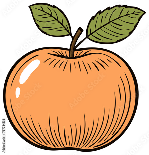 Artistic Illustration of a Single Orange Apple with Two Green Leaves and a Stem