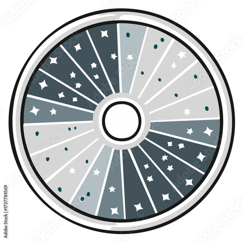 Stylized Celestial Wheel Illustration with Stars and Dots Pattern