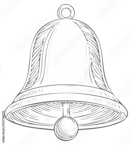 Detailed illustration of a large vintage bell, featuring intricate line art and design