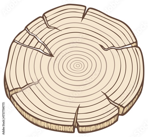 Illustration of a cross section of a tree trunk, showing annual growth rings and cracks