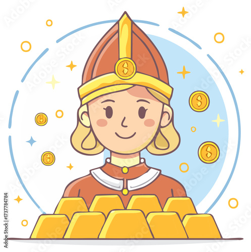 Cartoon Blonde Girl with Gold Bars and Coins Depicting Wealth and Success, Cartoon Character