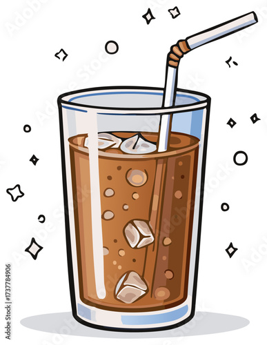 Refreshing iced coffee beverage with a straw and ice cubes in a tall glass with sparkling accents