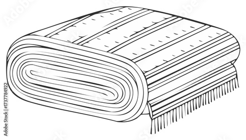 Stylized rolled and folded striped blanket or rug line art with fringe detail