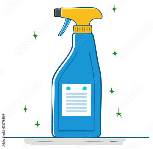 Blue spray bottle with yellow trigger and label surrounded by sparkles