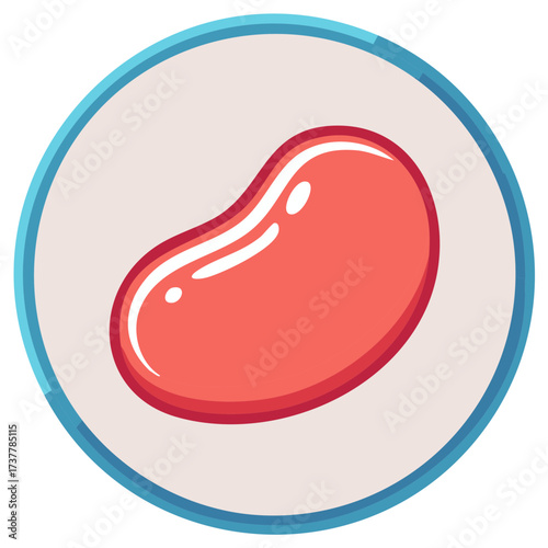 Vibrant red jelly bean with shiny highlights inside a blue circle sweet treat graphic