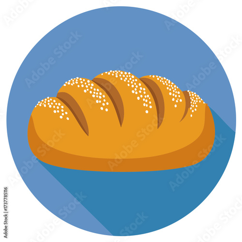 Warm Loaf of Bread with Sesame Seeds on a Blue Circular Background Flat Icon