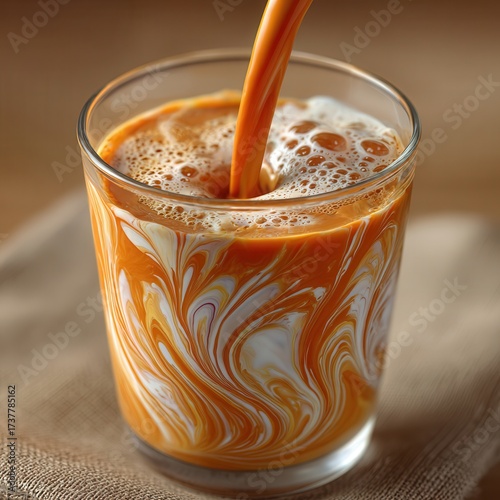 Creamy milk is skillfully poured into a vibrant glass of refreshing Thai tea, creating mesmerizing swirls of color and a delightful frothy texture.