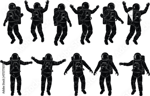 Astronaut silhouette vector set, space suit poses, helmet and backpack, cosmic exploration, astronaut movement, black figure collection, isolated spacewalk illustrations