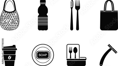 Reusable shopping bag, plastic bottle, toothbrush, tote bag, coffee cup, soap dish, utensil holder, safety razor, eco-friendly hygiene items, black and white icons