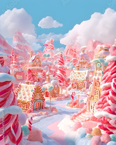 Vibrant Pink Pastel Candy Land Village with Gingerbread Architecture