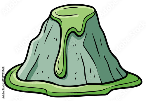 Illustrated cartoon volcano erupting with slimy green toxic waste ooze