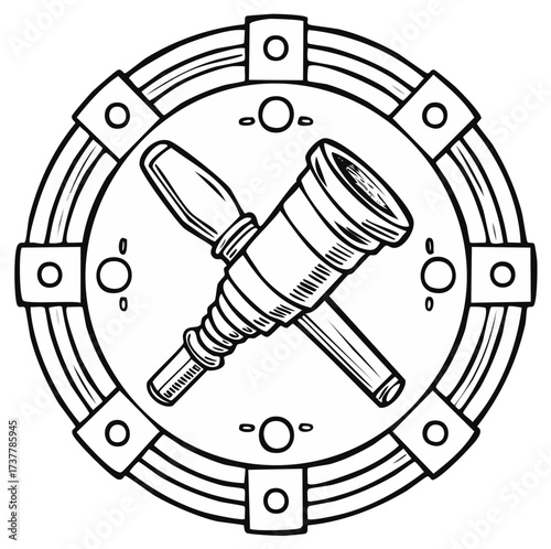 Illustration of a crossed telescope and tool within a decorative circle.