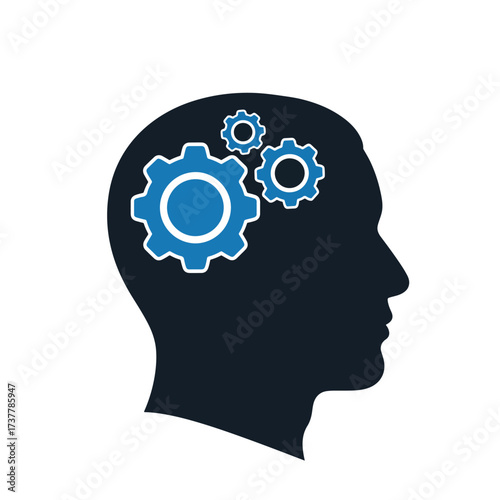 Human head silhouette with internal gears representing thought process and intelligence - Vector illustration logo template