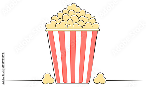 Striped popcorn container filled with fresh popcorn illustration, fun entertainment snack cartoon