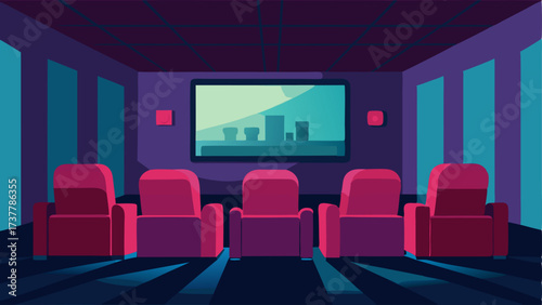 A gl home theater with velvet recliners a large screen and dimmed lighting.