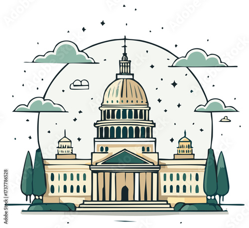 Capitol Building Dome with Clouds Starry Sky vector Illustration