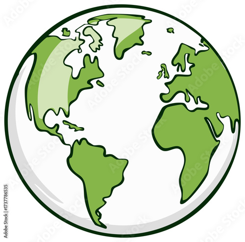 Earth illustration showcasing continents in green, world globe graphic icon on white background, symbolizing ecology, nature and global awareness.