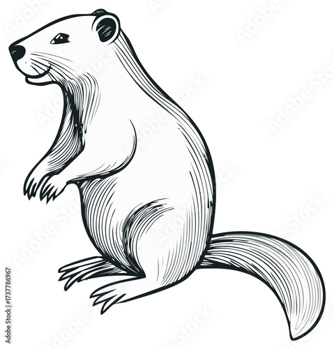 Ink illustration of a groundhog or marmot standing, smiling, and looking toward the viewer