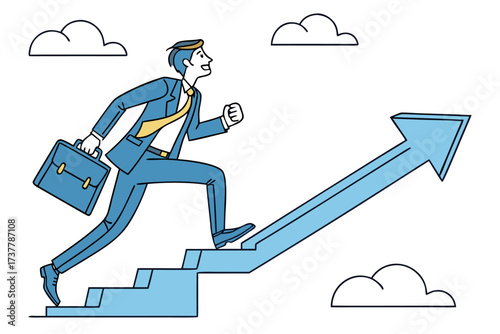 Businessman running up stairs on an upward arrow, symbolizing career growth and success