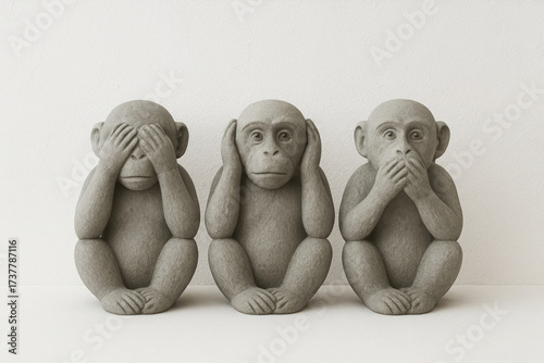 Mahatma Gandhi statement : Three wise monkeys statues representing see no evil hear no evil speak no evil see