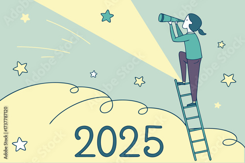 Woman with telescope looking at the year 2025, symbolizing future vision and goals