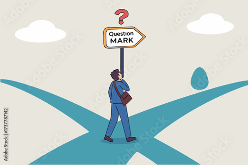 Man standing at a crossroads with a signpost pointing to question mark, representing decision making and uncertainty