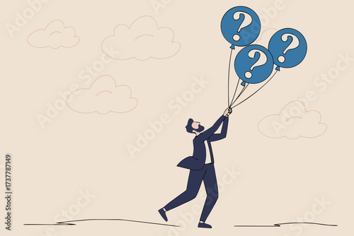 Man in a suit holding balloons with question marks, symbolizing curiosity, doubt, or unanswered questions