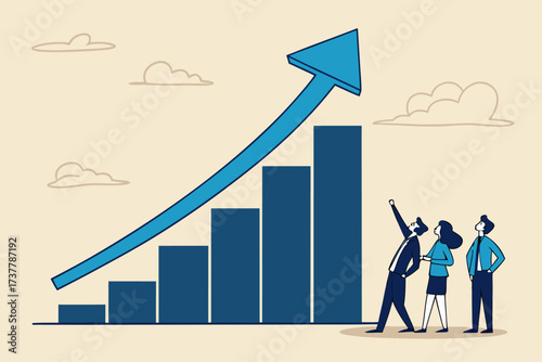 Business people looking up at a rising bar graph with an upward trending arrow, symbolizing growth and success