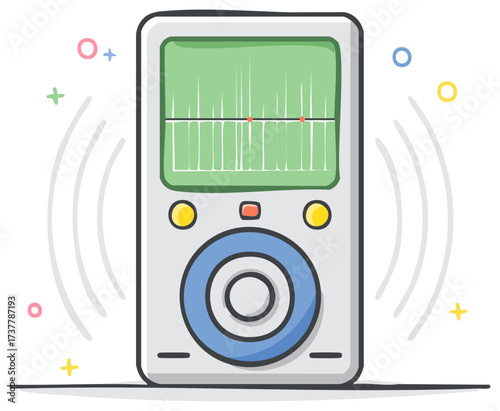 Stylized drawing of a vintage portable music player with a green screen and radiating sound waves