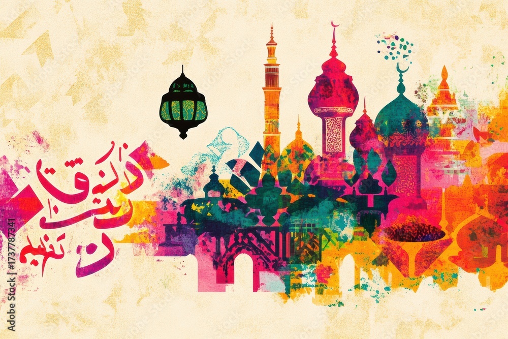 Obraz premium Colorful Islamic Architecture in Watercolor Style 