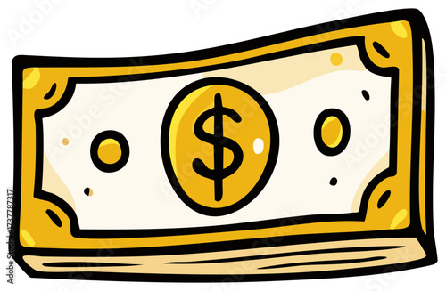 Cartoon illustration of a stack of dollar bills with a golden dollar sign