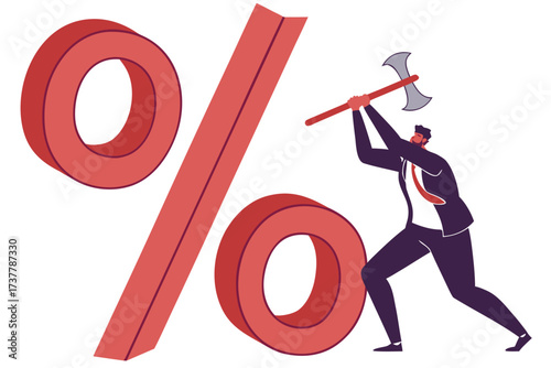 Man with axe attacking large red percentage sign, representing debt reduction, financial crisis, or cost cutting