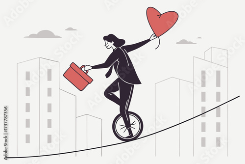 Woman balancing on a unicycle while walking a tightrope with a heart balloon and briefcase