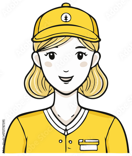 Friendly young woman wearing a yellow uniform and baseball cap with a badge