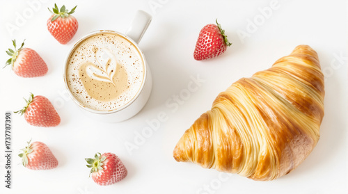 Flat lay of cappuccino with croissant and strawberries on white.