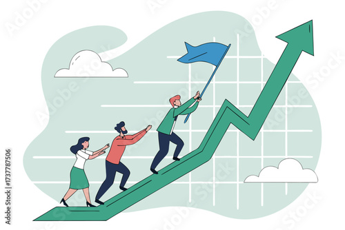 Diverse team climbing an upward trending graph, holding a flag, representing growth and teamwork