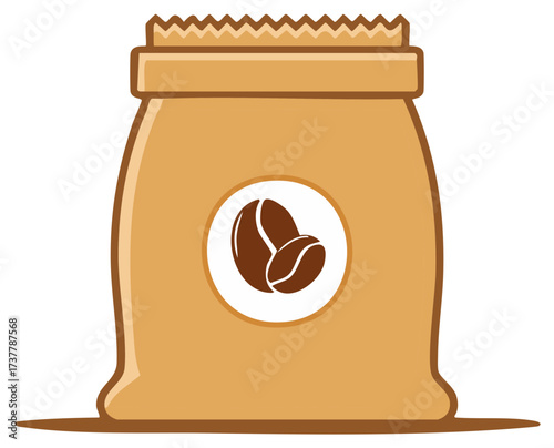 Coffee bag illustration with coffee bean icon, brown paper design.