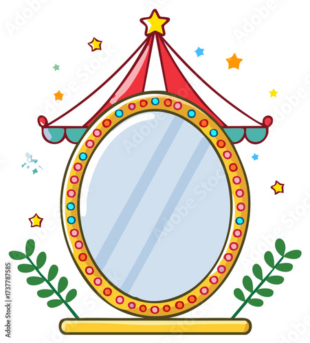 Colorful cartoon mirror with circus tent canopy, stars, and leaves, a fun and decorative illustration.