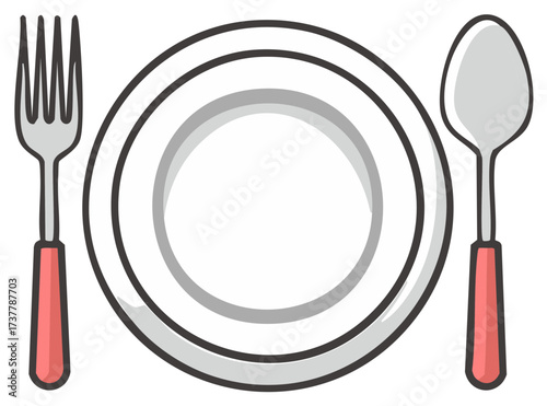 Plate, fork, and spoon illustration with red handles, minimalist design.