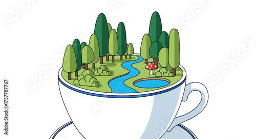 Miniature landscape inside a teacup with trees, river, pond, and mushroom.